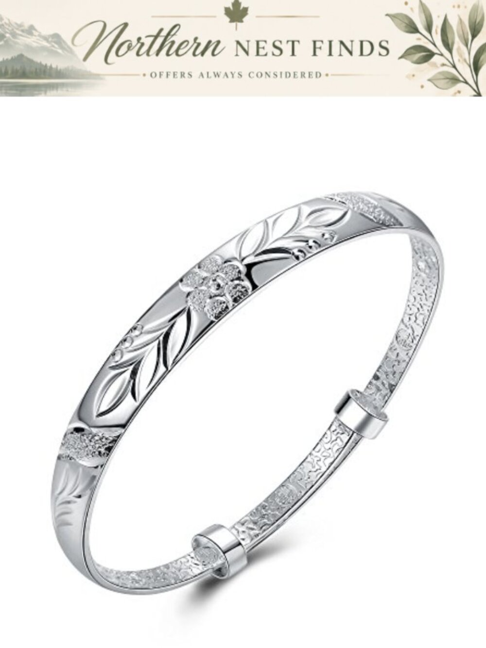 925 Sterling Silver Flower Carved Adjustable Cuff Bangle Bracelet Wedding Gift